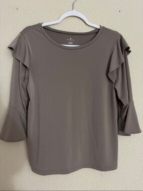 Worthington Taupe Ruffle Long Sleeve Blouse